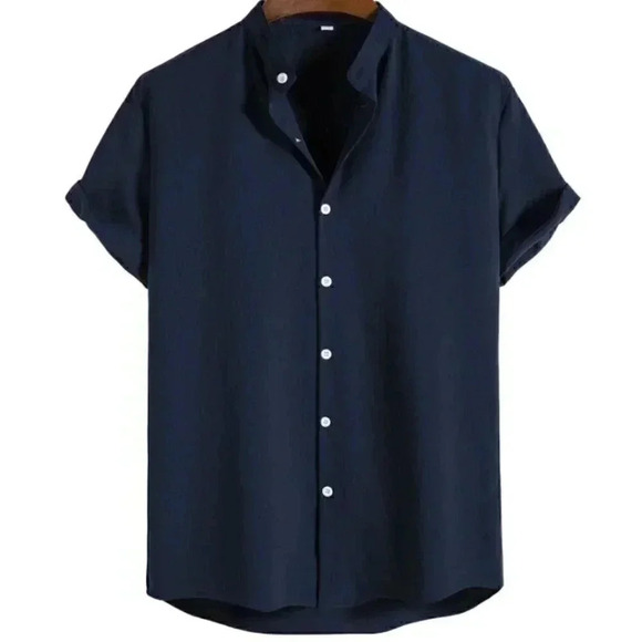 Navy Blue Preppy Mens Solid Button Up Shirt - Picture 1 of 4
